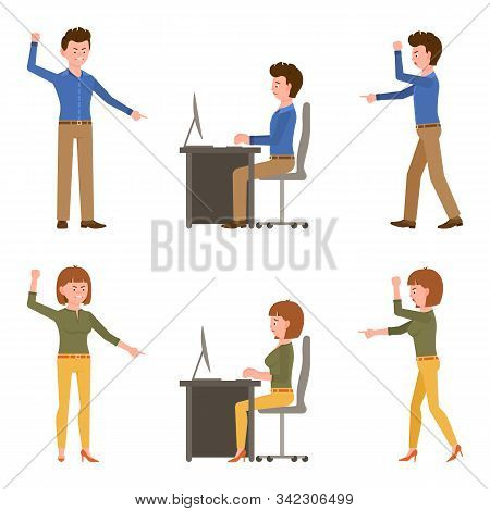 Angry, Desperate, Upset, Sad Office Boy And Girl Vector Illustration. Shouting, Pointing Finger, Sco
