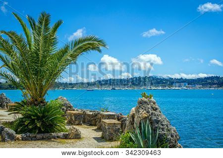 View Of Beautiful Gouvia Bay, Port Marina With Yachts, Palm Tree, Blue Sky And Hills On The Horizon.