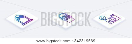 Set Isometric Line Wedding Arch, Flowers In A Basket And Photo Camera. White Square Button. Vector