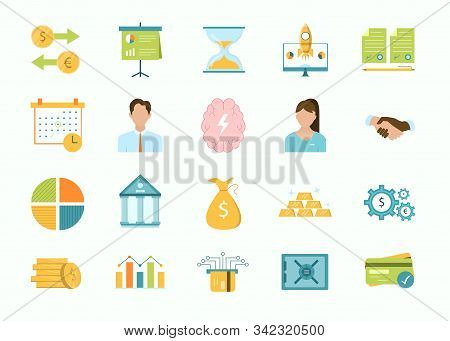 Large Set Of Flat Colored Cartoon Business And Finance Icons With Graphs And Charts, People, Dollars