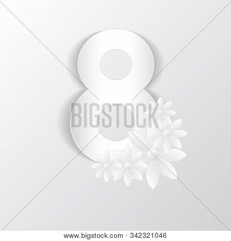 8 March. Decorative Design Element For Reeting Card In The Style Of Paper Applique On Gray Backgroun