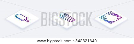 Set Isometric Line Ice Cream, Popcorn In Cardboard Box And Curtain. White Square Button. Vector