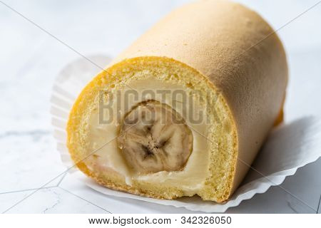 Swiss Banana Roll Cake Sponge / Rolled Or Roulade Cake Ready To Eat.