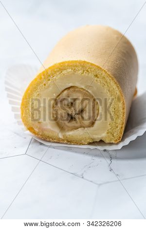 Swiss Banana Roll Cake Sponge / Rolled Or Roulade Cake Ready To Eat.