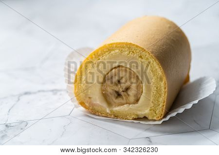 Swiss Banana Roll Cake Sponge / Rolled Or Roulade Cake Ready To Eat.