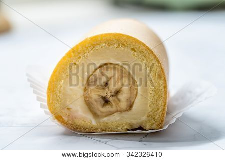 Swiss Banana Roll Cake Sponge / Rolled Or Roulade Cake Ready To Eat.