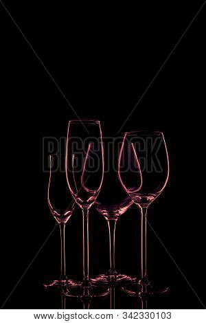 Glassware Selection With Wine, Champagne And Liquour Glasses On The Dark Background.. Fine Cristal G