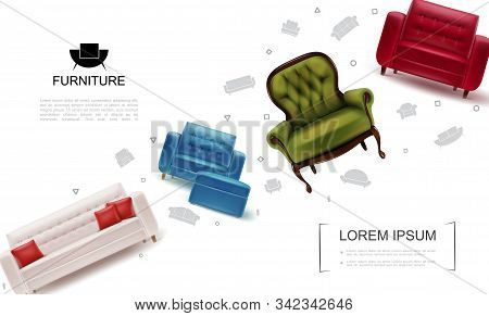 Realistic Home Furniture Objects Template With Armchairs Soft Tabourets Leather Sofa With Pillows Ve