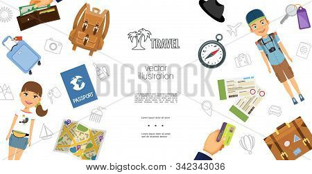 Flat Travel Elements Template With Tourists Bags Baggage Passport Map Navigational Compass Key Ticke