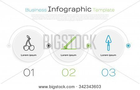 Set Line Cherry, Garden Rake In Work And Garden Trowel Spade Or Shovel. Business Infographic Templat