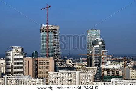 Warsaw,poland. August 2015. Building Under Construction. Q22 Is A Modern Office Building,