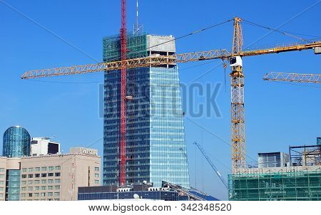 Warsaw,poland. August 2015. Building Under Construction. Q22 Is A Modern Office Building,