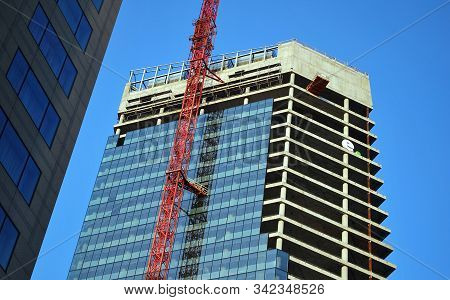 Warsaw,poland. August 2015. Building Under Construction. Q22 Is A Modern Office Building,