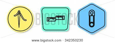 Set Line Needle For Sewing With Thread, Tape Measure And Classic Closed Steel Safety Pin. Colored Sh
