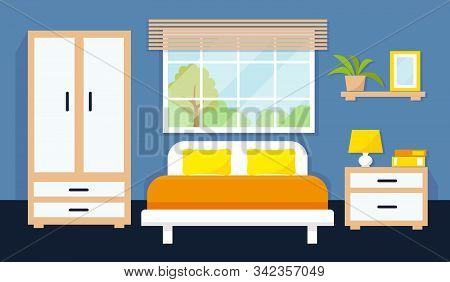 Bedroom Interior With Furniture And Window. Vector Illustration.