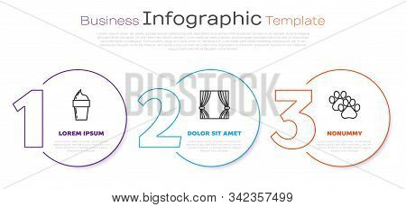 Set Line Ice Cream In Waffle Cone, Curtain And Paw Print. Business Infographic Template. Vector