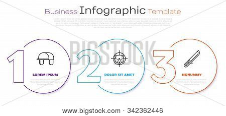 Set Line Hunter Hat, Hunt On Bear With Crosshairs And Hunter Knife. Business Infographic Template. V