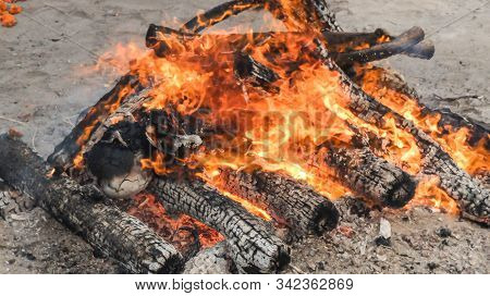 Funeral Pyre,burning At Swargadwar Crematorium In Puri,odisha State, India.