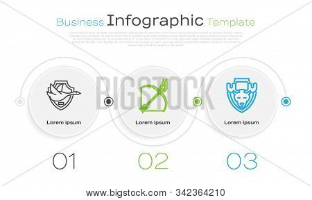 Set Line Flying Duck On Shield, Bow And Fire Arrow And Moose Head On Shield. Business Infographic Te