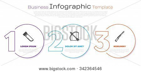 Set Line Quiver With Arrows, Bow And Arrow In Quiver And Hunting Gun. Business Infographic Template.