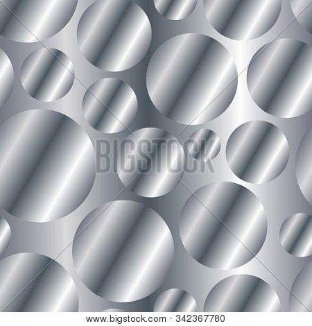 Silver Diagonal Gradient Circles Seamless Pattern. Abstract Modern Vector Background. Shiny Metal En