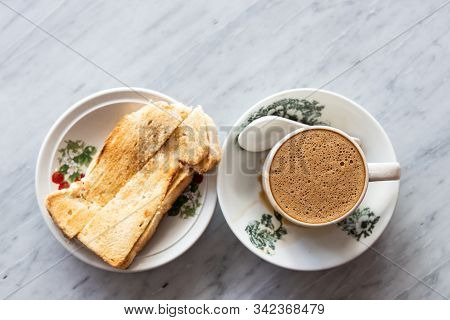 Overhead View Of Traditional Chinese Coffee And Toast Bread At Kopitiam, Popular Breakfast Combinati