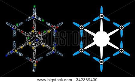 Glowing Mesh Hexacopter Icon With Glow Effect. Abstract Illuminated Model Of Hexacopter. Shiny Wire 