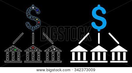 Glowing Mesh Bank Association Icon With Glitter Effect. Abstract Illuminated Model Of Bank Associati