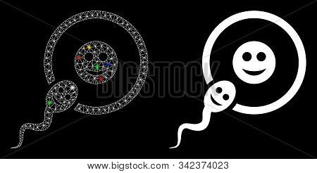 Glowing Mesh Happy Sperm Insemination Icon With Glare Effect. Abstract Illuminated Model Of Happy Sp