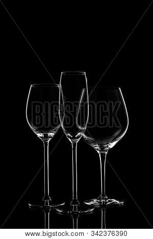 Glassware Selection With Wine, Champagne And Liquour Glasses On The Dark Background.. Fine Cristal G