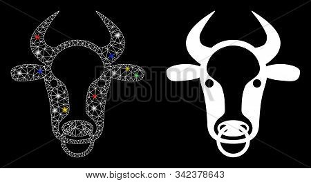 Glowing Mesh Bull Ring Icon With Glitter Effect. Abstract Illuminated Model Of Bull Ring. Shiny Wire
