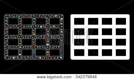 Glowing Mesh Grid Icon With Sparkle Effect. Abstract Illuminated Model Of Grid. Shiny Wire Frame Tri