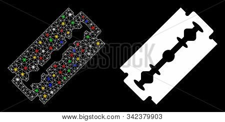 Glowing Mesh Shaving Razor Blade Icon With Lightspot Effect. Abstract Illuminated Model Of Shaving R