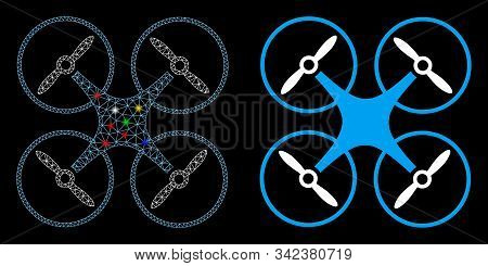 Flare Mesh Air Copter Icon With Glare Effect. Abstract Illuminated Model Of Air Copter. Shiny Wire F