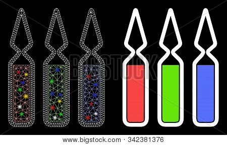 Flare Mesh Ampoules Icon With Glare Effect. Abstract Illuminated Model Of Ampoules. Shiny Wire Carca