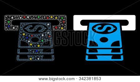 Glossy Mesh Bank Cashpoint Icon With Lightspot Effect. Abstract Illuminated Model Of Bank Cashpoint.