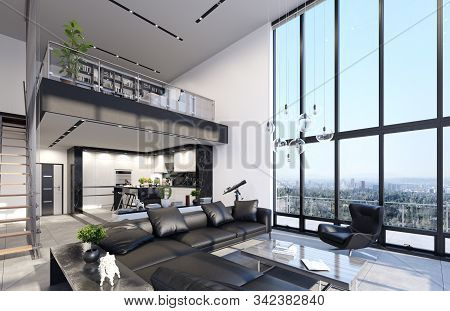Luxury Modern Penthouse Interior With Panoramic Windows, 3d Illustration