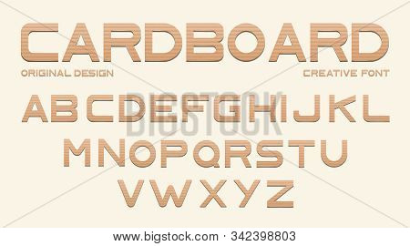 Cardboard Font, Alphabet From Brown Craft Paper. Vector Type From Corrugated Carton, Uppercase Lette