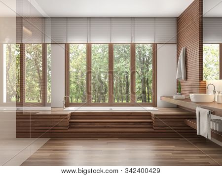 Wood Bathroom Modern Contemporary Style 3d Render.decorate Wall And Floor With Wood .there Are Large