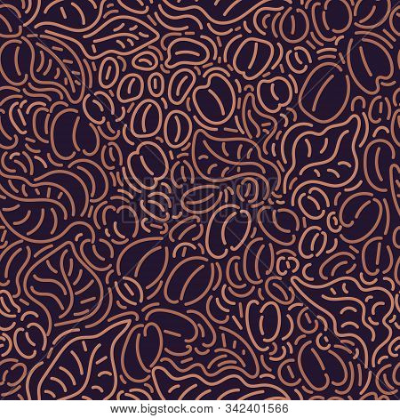 Coffee. Vector Graphic Seamless Pattern. Nature Tree, Art Line Leaf, Bean, Grain. Sketch Hand Drawn 