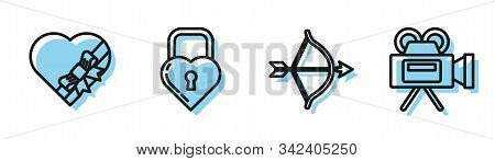 Set Line Bow And Arrow, Candy In Heart Shaped Box And Bow, Castle In The Shape Of A Heart And Cinema
