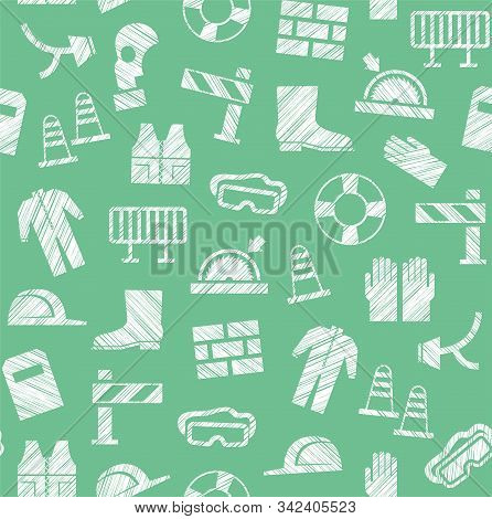 Safety At Work, Labor Protection, Seamless Pattern, Green, Pencil Hatching, Vector. Special Clothing