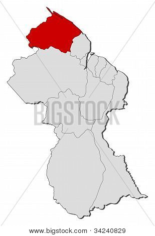 Kort over Guyana, Barima-waini fremhævet