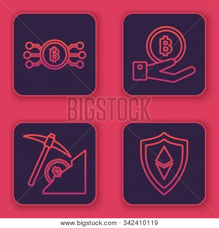 Set Line Cryptocurrency Bitcoin In Circle With Microchip Circuit, Cryptocurrency Cloud Mining, Hand 