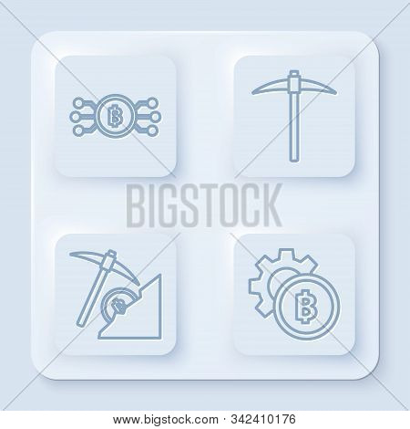 Set Line Cryptocurrency Bitcoin In Circle With Microchip Circuit, Pickaxe, Cryptocurrency Cloud Mini