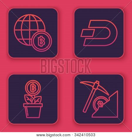 Set Line Globe And Cryptocurrency Coin Bitcoin, Bitcoin Plant In The Pot, Cryptocurrency Coin Dash A