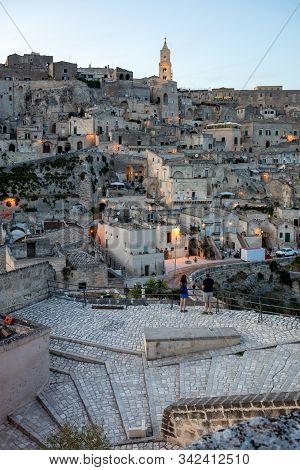 Matera; Italy - September 15; 2019: Evening View Of The City Of Matera; Italy; With The Colorful Lig