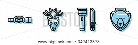 Set Line Flashlight And Knife, Sniper Optical Sight, Deer Head With Antlers And Bear Head On Shield 