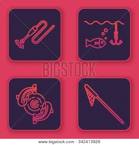 Set Line Fishing Line With Hook And Float, Fish, Fishing Hook Under Water With Fish And Fishing Net.