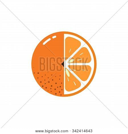 Orange Fruit Sphere With Half Slice Logo, Flat Icon Design Template Concept Isolated On White Backgr